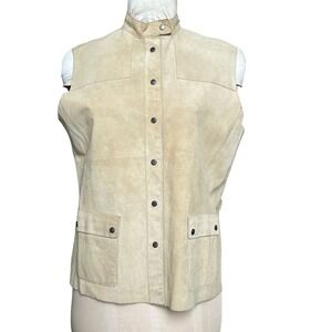 VTG Rena Rowan Women's Suede Leather Vest Beige Sleeveless Snap Front Pockets 14
